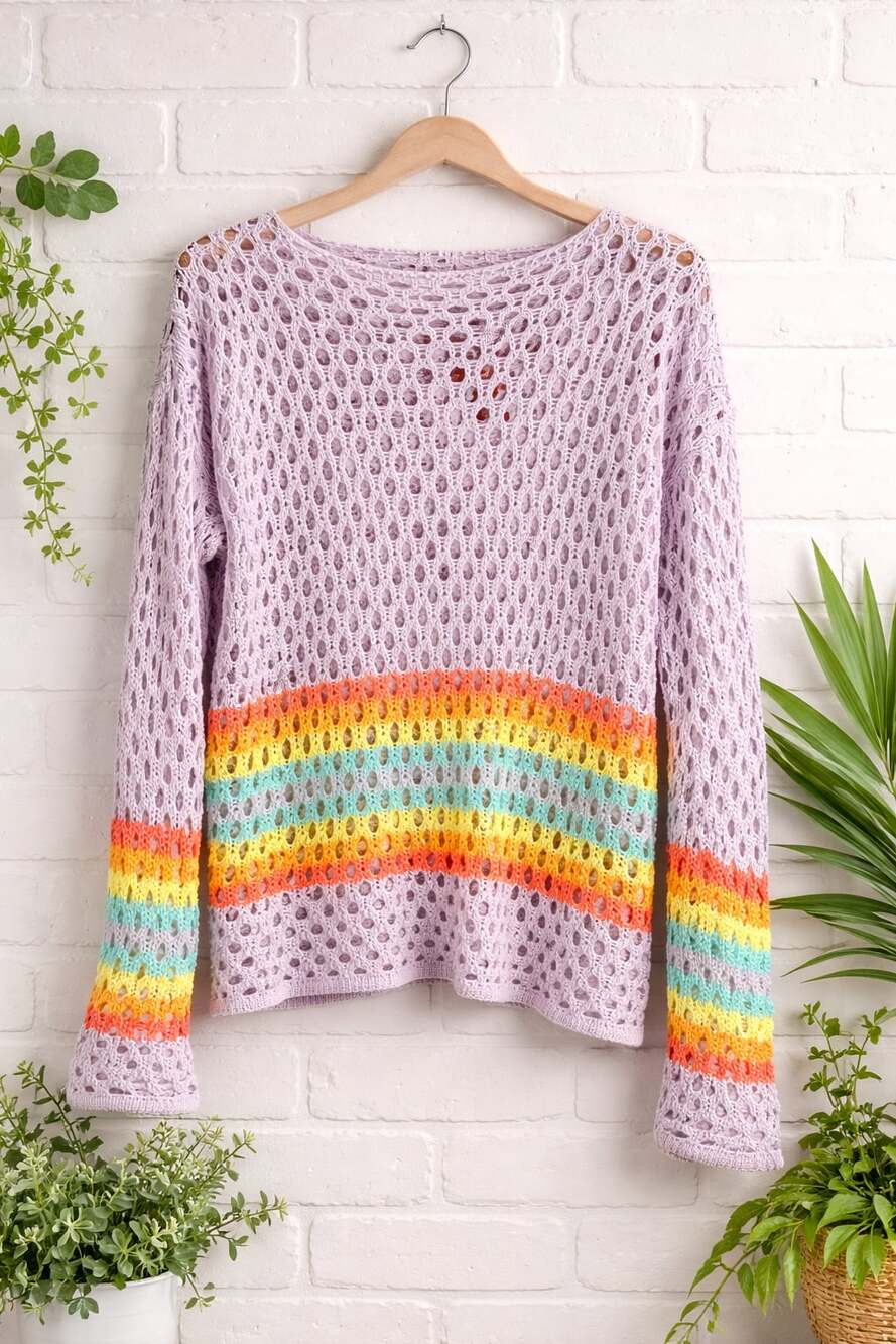 BiBi Purple Rainbow Striped Open Knit Crochet Sweater - Picture 2 of 7